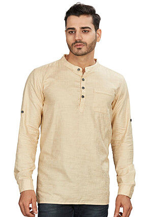 Woven Pure Cotton Jacquard Short Kurta in Beige