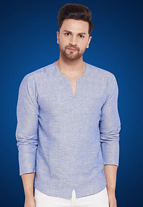 Woven Pure Cotton Jacquard Short Kurta in Indigo Blue