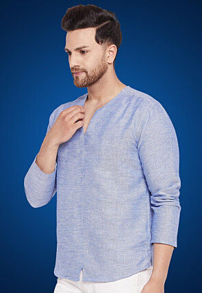 Woven Pure Cotton Jacquard Short Kurta in Indigo Blue