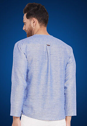 Woven Pure Cotton Jacquard Short Kurta in Indigo Blue