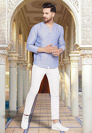Woven Pure Cotton Jacquard Short Kurta in Indigo Blue