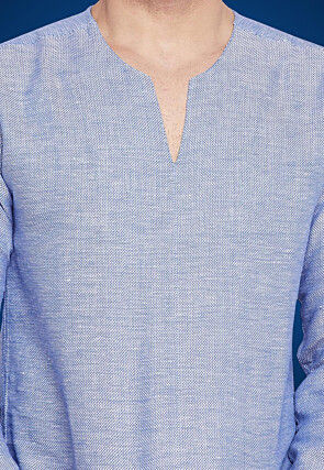 Woven Pure Cotton Jacquard Short Kurta in Indigo Blue