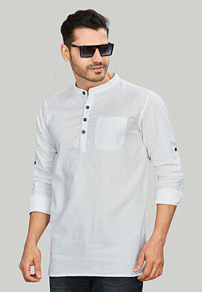 Woven Pure Cotton Jacquard Short Kurta in Off White