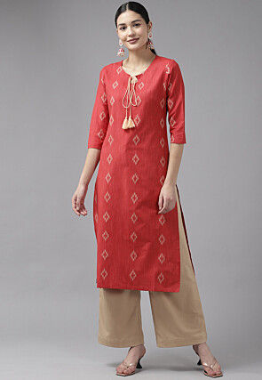 Woven Pure Cotton Jacquard Straight Kurta in Coral Red