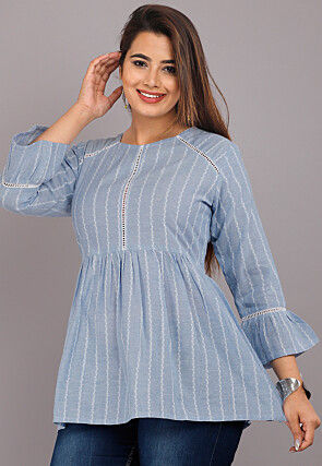 Woven Pure Cotton Jacquard Top in Sky Blue