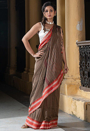 Woven Pure Cotton Saree in Brown