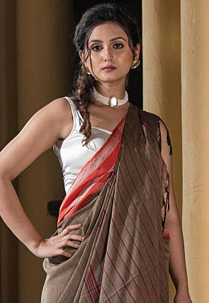 Woven Pure Cotton Saree in Brown