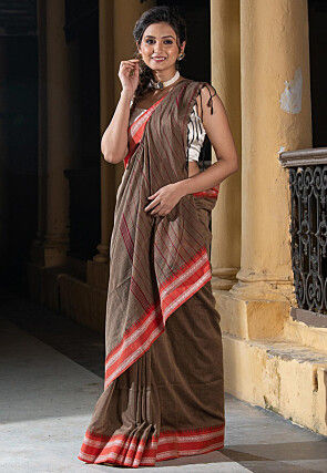 Woven Pure Cotton Saree in Brown