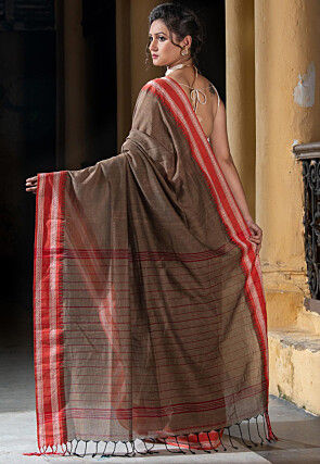 Woven Pure Cotton Saree in Brown