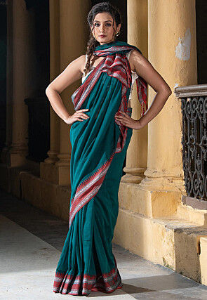 Woven Pure Cotton Saree in Dark Teal Green