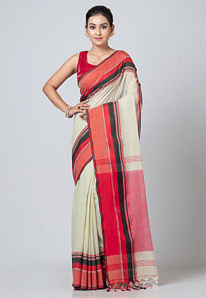 Woven Pure Cotton Saree in Light Beige