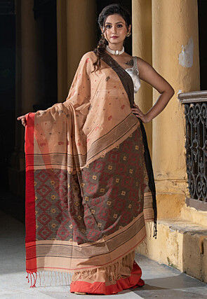 Woven Pure Cotton Saree in Light Brown