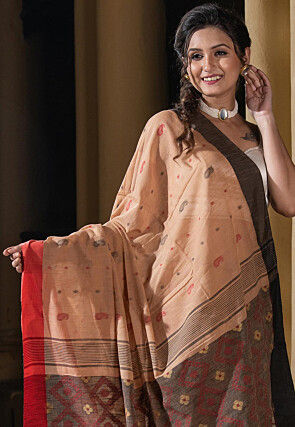 Woven Pure Cotton Saree in Light Brown