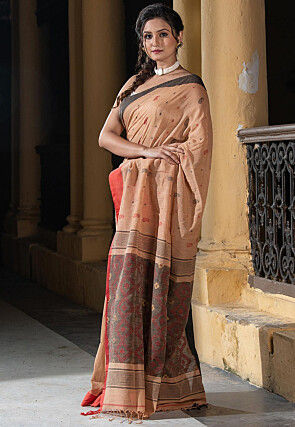 Woven Pure Cotton Saree in Light Brown