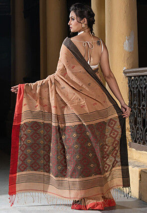 Woven Pure Cotton Saree in Light Brown