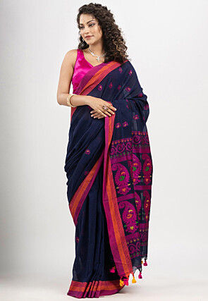 Woven Pure Cotton Saree in Navy Blue