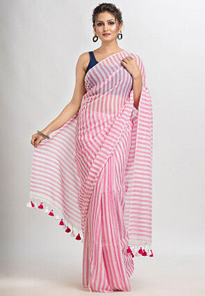 Woven Pure Cotton Saree in Pink and White