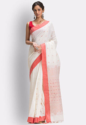 Woven Pure Cotton Saree in White