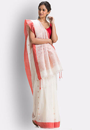 Woven Pure Cotton Saree in White