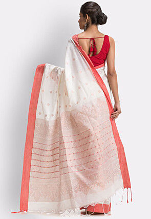Woven Pure Cotton Saree in White