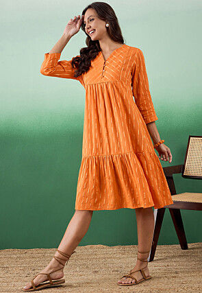 Woven Pure Cotton Short Dress in Orange
