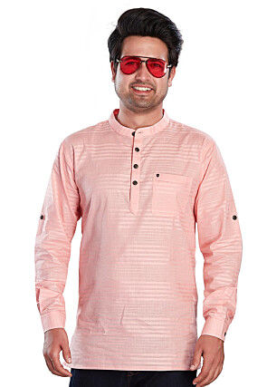 Woven Pure Cotton Short Kurta in Peach