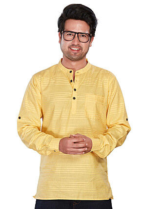 Woven Pure Cotton Short Kurta in Yellow
