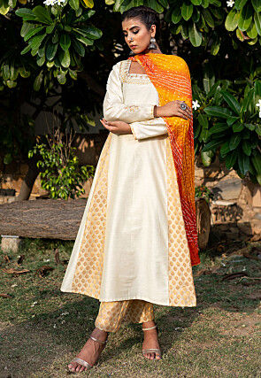 Woven Pure Cotton Silk A Line Suit in Cream
