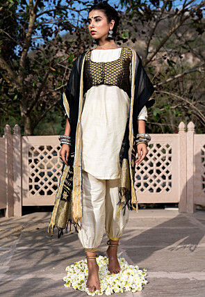 Woven Pure Cotton Silk Punjabi Suit in Cream