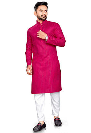 Woven Pure Cotton Slub Kurta in Pink