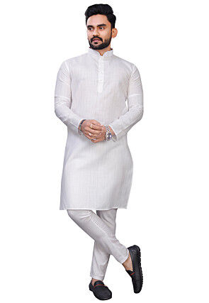 Woven Pure Cotton Slub Kurta Set in Off White