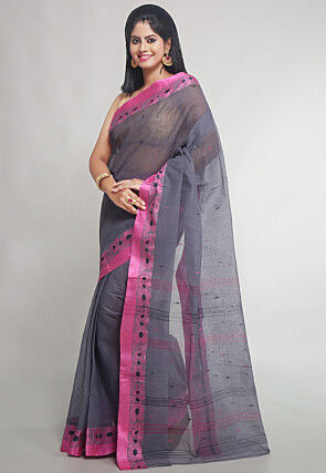 Woven Pure Cotton Tant Saree in Grey
