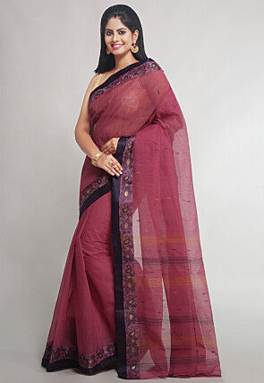 Woven Pure Cotton Tant Saree in Maroon