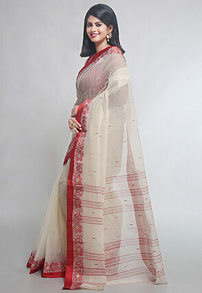 Woven Pure Cotton Tant Saree in Off White