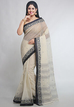 Woven Pure Cotton Tant Saree in Off White