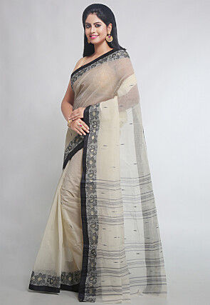 Woven Pure Cotton Tant Saree in Off White