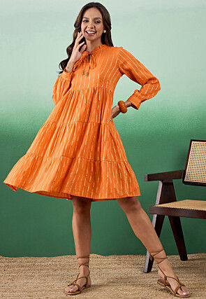Woven Pure Cotton Tiered Dress in Orange