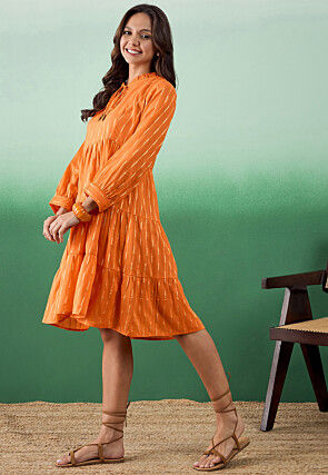 Woven Pure Cotton Tiered Dress in Orange
