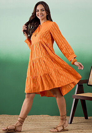 Woven Pure Cotton Tiered Dress in Orange