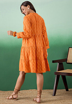 Woven Pure Cotton Tiered Dress in Orange