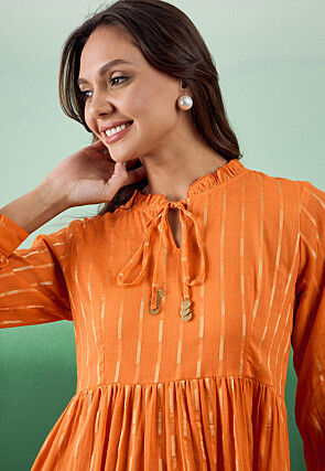 Woven Pure Cotton Tiered Dress in Orange