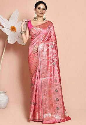Woven Pure Dupion Silk Saree in Pink
