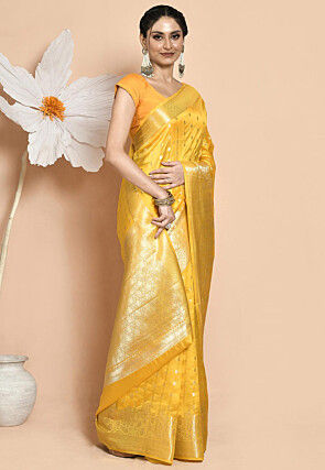Woven Pure Dupion Silk Saree in Yellow