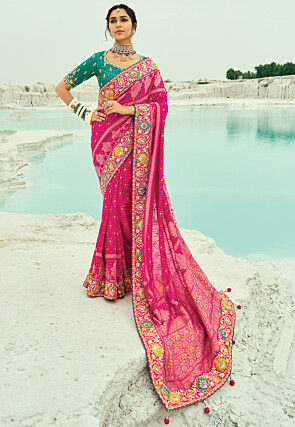 Woven Pure Georgette Jacquard Saree in Fuchsia