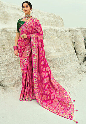 Woven Pure Georgette Jacquard Saree in Fuchsia