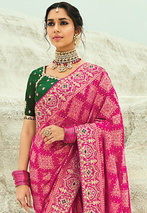 Woven Pure Georgette Jacquard Saree in Fuchsia