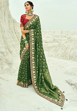 Woven Pure Georgette Jacquard Saree in Green