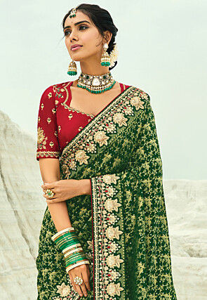 Woven Pure Georgette Jacquard Saree in Green