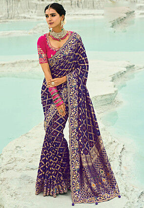 Woven Pure Georgette Jacquard Scalloped Saree in Purple