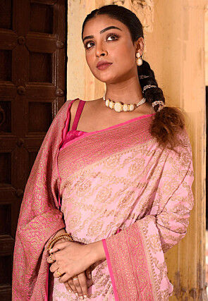 Woven Pure Georgette Silk Saree in Baby Pink